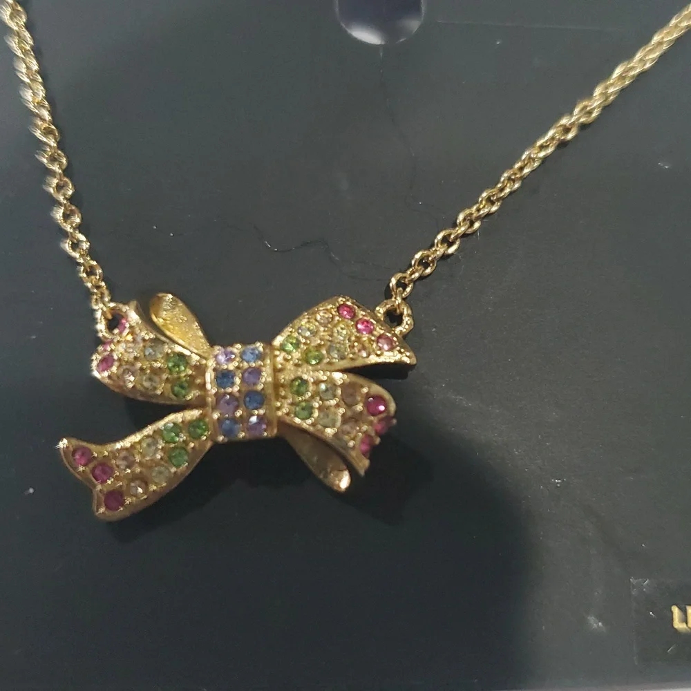 Coach multicolored pave crystals studded bow pendant necklace new‎
